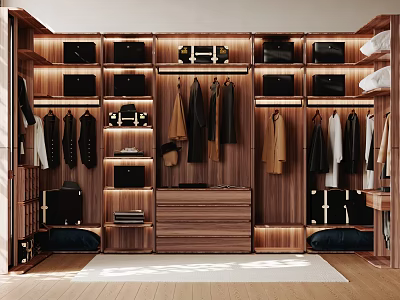 Modern Wooden Closet Interior With Hanging Garments Shelves Drawers And Storage Compartments 3d model