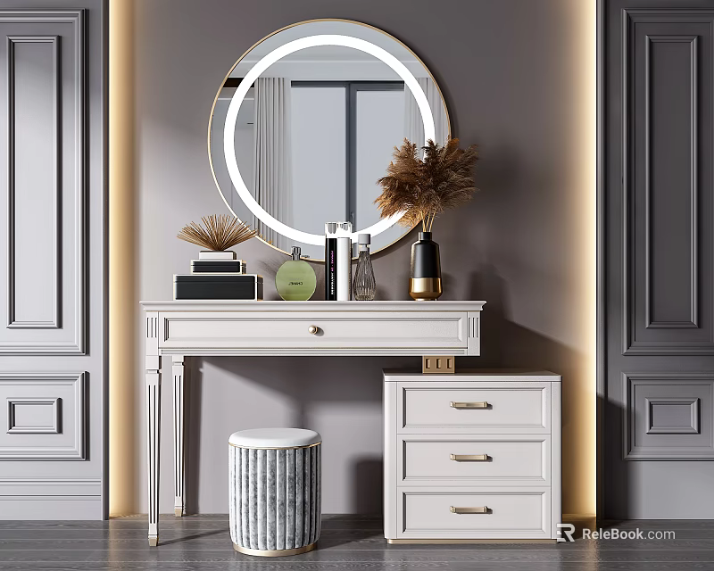 White Dressing Table With Round Illuminated Mirror Stool And Drawer Cabinet On Grey Wall 3d model 