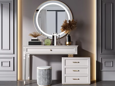 White Dressing Table With Round Illuminated Mirror Stool And Drawer Cabinet On Grey Wall 3d model