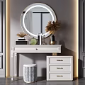 White Dressing Table With Round Illuminated Mirror Stool And Drawer Cabinet On Grey Wall