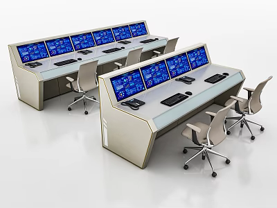 Workstation Desks with Multiple Blue Screens Light Colored Design and Office Chairs in Control Room Setup 3d model