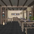 Traditional Chinese Restaurant Interior With Wooden Beams Hanging Lanterns Wooden Tables Green Plants And Stone Flooring