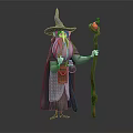 Wizard Fantasy Character In Robe Pointed Hat With Long Beard Holding Pumpkin Head Staff