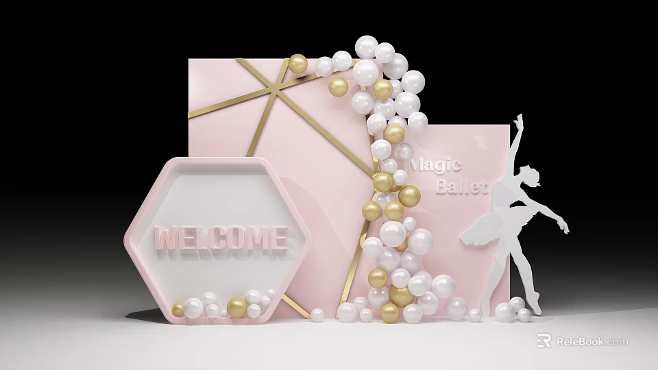 Pink Inflatable Welcome Decor With Ballet Silhouette And Pearl Ornaments 3d model 