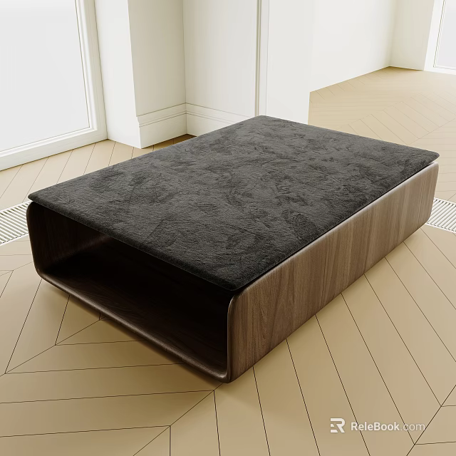 Modern Ottoman With Black Upholstered Cushion And Walnut Wooden Frame In Living Space 3d model 
