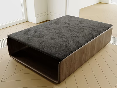 Modern Ottoman With Black Upholstered Cushion And Walnut Wooden Frame In Living Space 3d model