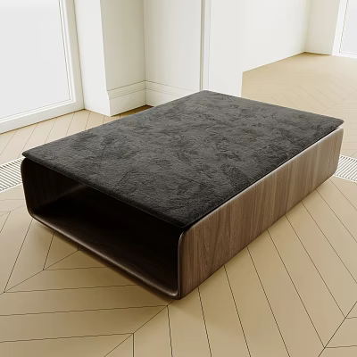 Modern Ottoman With Black Upholstered Cushion And Walnut Wooden Frame In Living Space 3d model