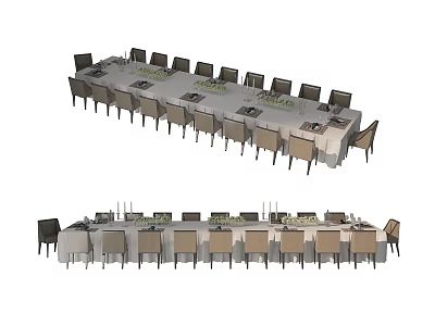 Elegant Dining Table Set With Long Tablecloth Chairs And Tableware Setup 3d model