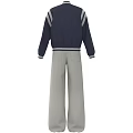 Casual Navy Blue Jacket with White Stripes on Sleeves and Light Gray Wide Leg Pants