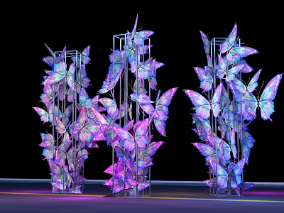 Vibrant Purple Blue Butterfly Floral Art Installation on Metal Frame Structure 3d model
