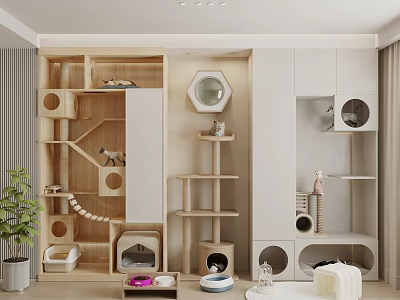 Modern Cat Furniture Design With Wooden Shelves Cozy Pet Beds And Play Areas 3d model