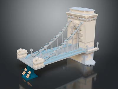 Lego Suspension Bridge Model With White Tower Blue Deck Suspension Cables And Lion Statues 3d model
