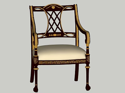 Classical Dining Chair With Gold Accents Lattice Backrest Light Upholstered Seat And Carved Details 3d model