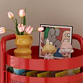 Red Multi Tier Storage Rack With Mesh Baskets And Cartoon Patterns In Kids Room