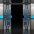 Modern Elevator Door With Circuit Board Pattern Blue Chip White Circuits And Blue Screens