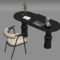 Modern Workspace Black Oval Table Cylindrical Legs Laptop Flower Vase Book Decorative Statue And Chair
