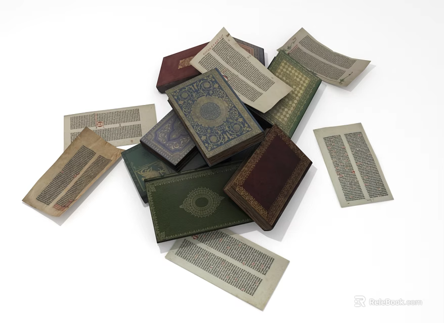 Stacked Vintage Books And Magazine Pages With Decorative Covers Various Colors Classic Patterns 3d model 