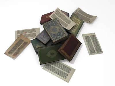 Stacked Vintage Books And Magazine Pages With Decorative Covers Various Colors Classic Patterns 3d model