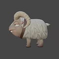 Cute 3D Model Sheep With Yellow Horns White Wool And Brown Collar