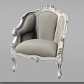 Elegant Classic Single Chair With White Carved Frame And Beige Fabric Cushion