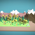 3D Cartoon Scene Featuring Green Grass Yellow Green Trees And Snow Capped Brown Pink Mountains