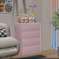 Pink Decorative Cabinet With Drawers Transparent Top And Stuffed Toys In Living Room