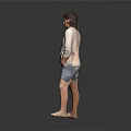 Man In Light Cardigan And Shorts Standing Against Gray Background With Floor Reflection