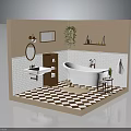 Cozy Bathroom Interior With Bathtub Sink Mirror Plant Shelf And Checkerboard Floor