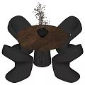 Modern Dining Set with Round Wooden Table Black Vase Plant and Four Black Chairs