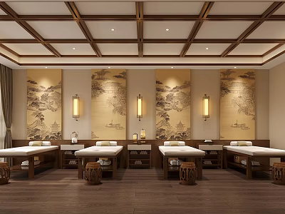 Traditional Chinese Massage Room With Wooden Ceiling Landscape Paintings Lantern Lamps And Massage Beds 3d model