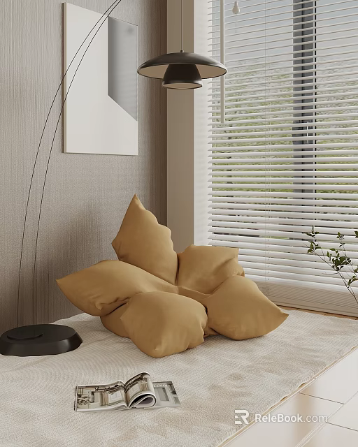 Tan Bean Bag Chair In Cozy Indoor Setting With Window Blinds And Potted Plant 3d model 