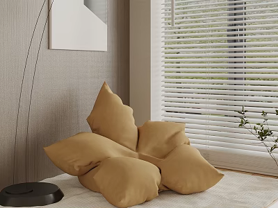 Tan Bean Bag Chair In Cozy Indoor Setting With Window Blinds And Potted Plant 3d model