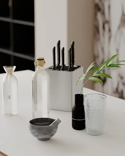 Elegant Tabletop Display With Clear Glass Bottles Black Knife Block Green Plant And Glass Cup 3d model