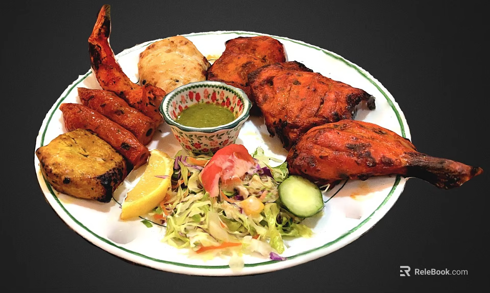 Grilled Chicken And Shrimp Platter With Naan Bread Green Chutney And Fresh Salad 3d model 