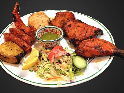 Grilled Chicken And Shrimp Platter With Naan Bread Green Chutney And Fresh Salad 3d model