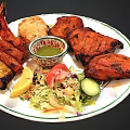 Grilled Chicken And Shrimp Platter With Naan Bread Green Chutney And Fresh Salad