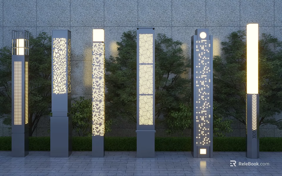 Illuminated Outdoor Lights with Silver Lamp Posts Various Perforated Patterns Green Plants and Gray Wall 3d model 