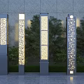 Illuminated Outdoor Lights with Silver Lamp Posts Various Perforated Patterns Green Plants and Gray Wall