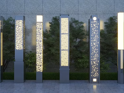 Illuminated Outdoor Lights with Silver Lamp Posts Various Perforated Patterns Green Plants and Gray Wall 3d model
