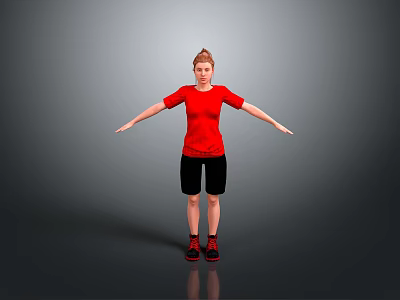 Woman In Red T Shirt Black Shorts Red Sneakers With Arms Outstretched Against Gray Background 3d model