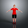 Woman In Red T Shirt Black Shorts Red Sneakers With Arms Outstretched Against Gray Background