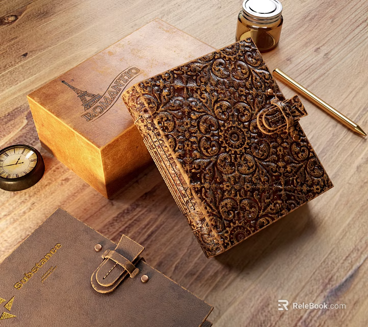 Elegant Handcrafted Leather Notebook With Intricate Carved Pattern And Wooden Box 3d model 
