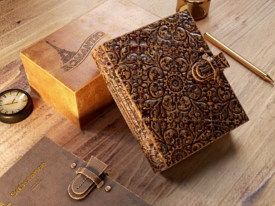 Elegant Handcrafted Leather Notebook With Intricate Carved Pattern And Wooden Box 3d model