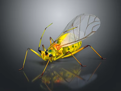 Yellow Green Spotted Insect with Transparent Wings and Long Thin Legs on Dark Background Reflection 3d model
