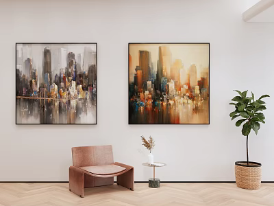 Modern Living Room Decor With Cityscape Paintings Armchair And Potted Plant 3d model