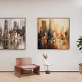 Modern Living Room Decor With Cityscape Paintings Armchair And Potted Plant