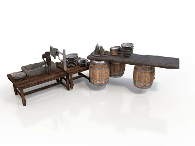Vintage Kitchen Interior With Rustic Wooden Table Barrels Plates And Cooking Utensils 3d model