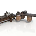 Vintage Kitchen Interior With Rustic Wooden Table Barrels Plates And Cooking Utensils