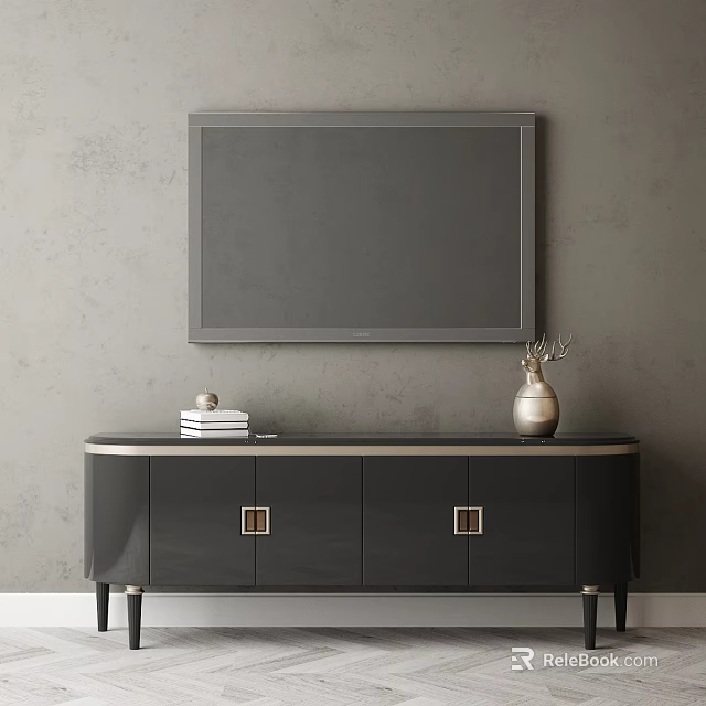 Modern Black TV Stand With Vase Books And Mounted TV On Gray Wall 3d model 