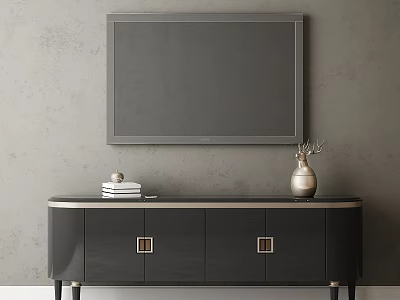 Modern Black TV Stand With Vase Books And Mounted TV On Gray Wall 3d model